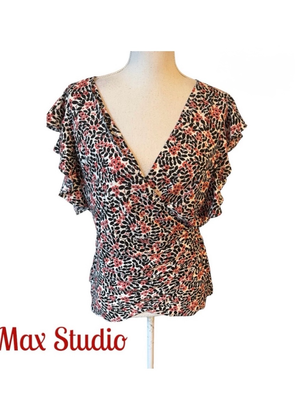 Max Studio Floral Wrap V-Neck Ruffle Sleeve Top - Pink & Black